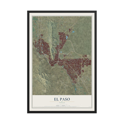 Map of El Paso, Texas, 12 x 18 inch print in a black wood frame