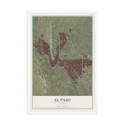 Map of El Paso, Texas, 12 x 18 inch print in a white wood frame