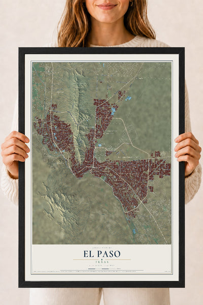 Map of El Paso, Texas, 18 x 24 inch print in a black wood frame