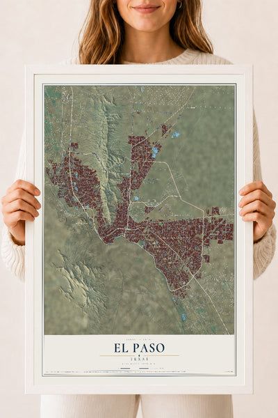 Map of El Paso, Texas, 18 x 24 inch print in a white wood frame