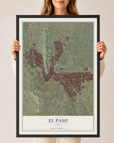 Map of El Paso, Texas, 24 x 36 inch print in a black wood frame