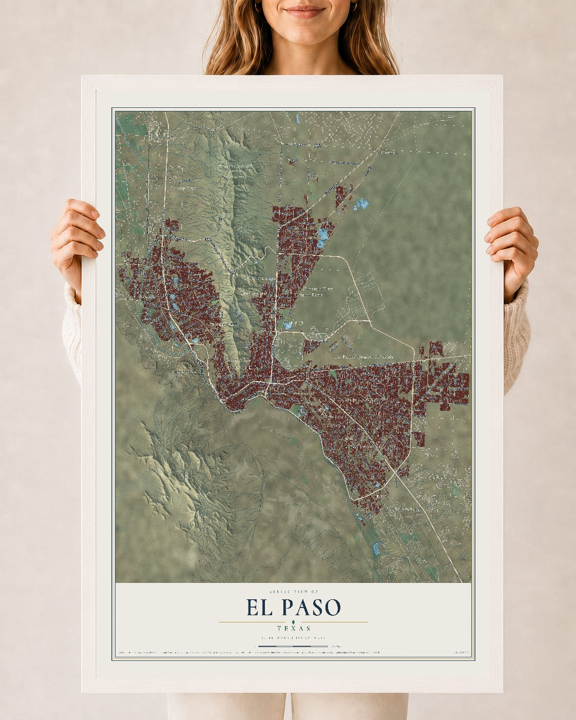 Map of El Paso, Texas, 24 x 36 inch print in a white wood frame