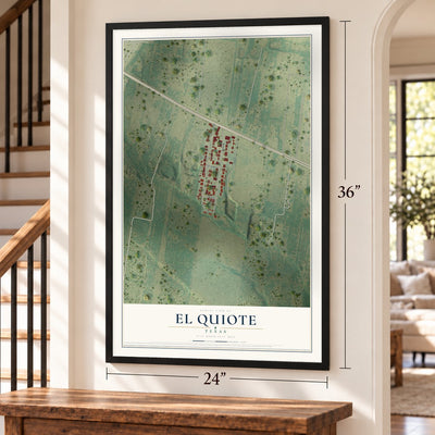 El Quiote, Texas map, 24 x 36 inch print in a black frame by a staircase