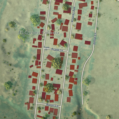 Close-up of the map of El Quiote, Texas print showing street and building detail