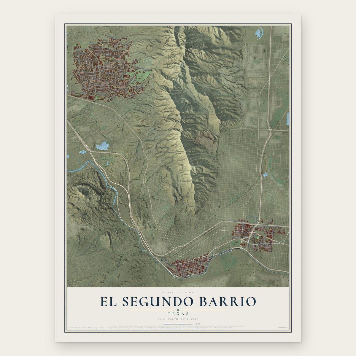 El Segundo Barrio, Texas map print, the full design