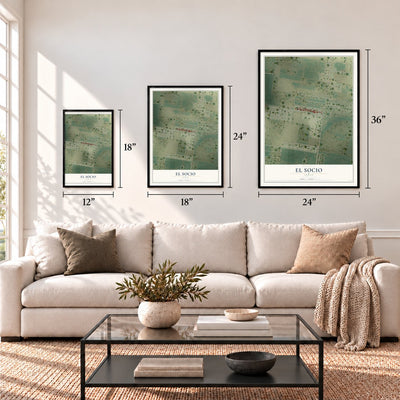 El Socio, Texas map in 12 x 18, 18 x 24 and 24 x 36 inch sizes above a sofa