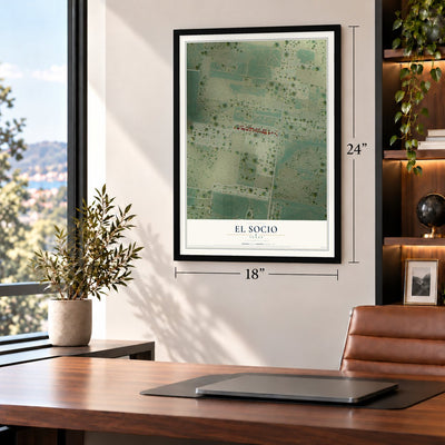 El Socio, Texas map, 18 x 24 inch print in a black frame in a home office