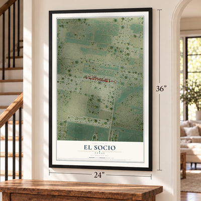 El Socio, Texas map, 24 x 36 inch print in a black frame by a staircase