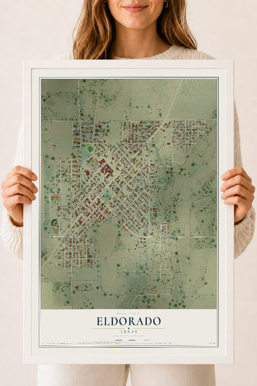 Map of Eldorado, Texas, 18 x 24 inch print in a white wood frame