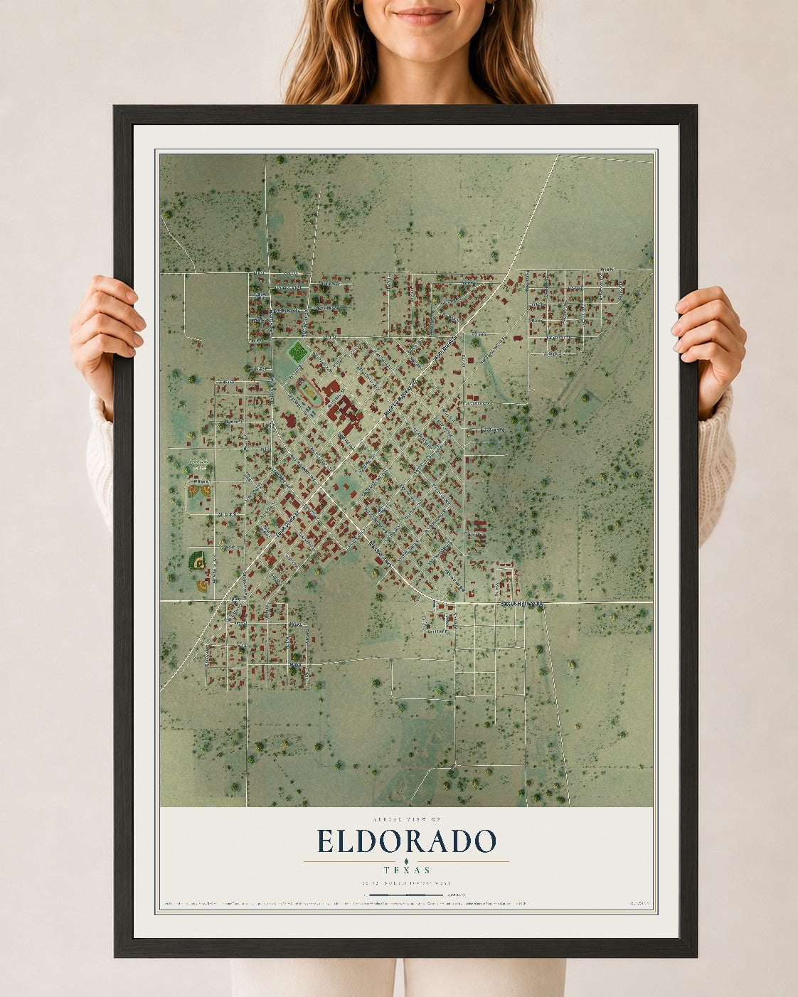 Map of Eldorado, Texas, 24 x 36 inch print in a black wood frame