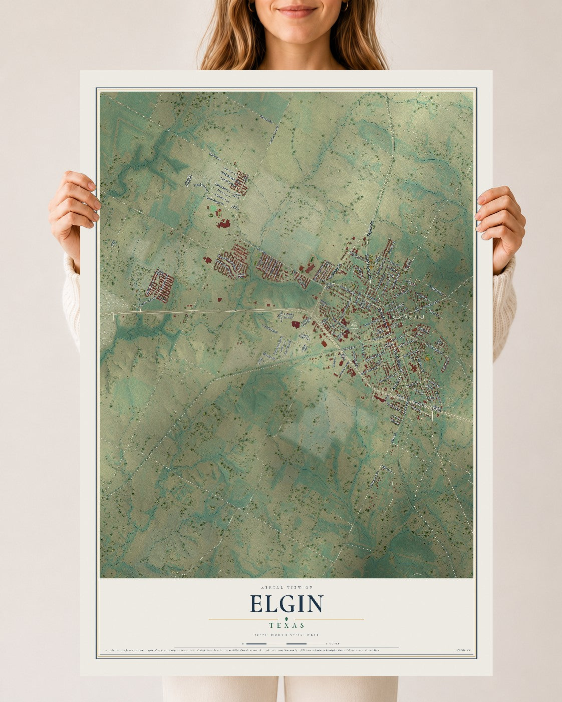 Map of Elgin, Texas, 24 x 36 inch unframed archival matte print