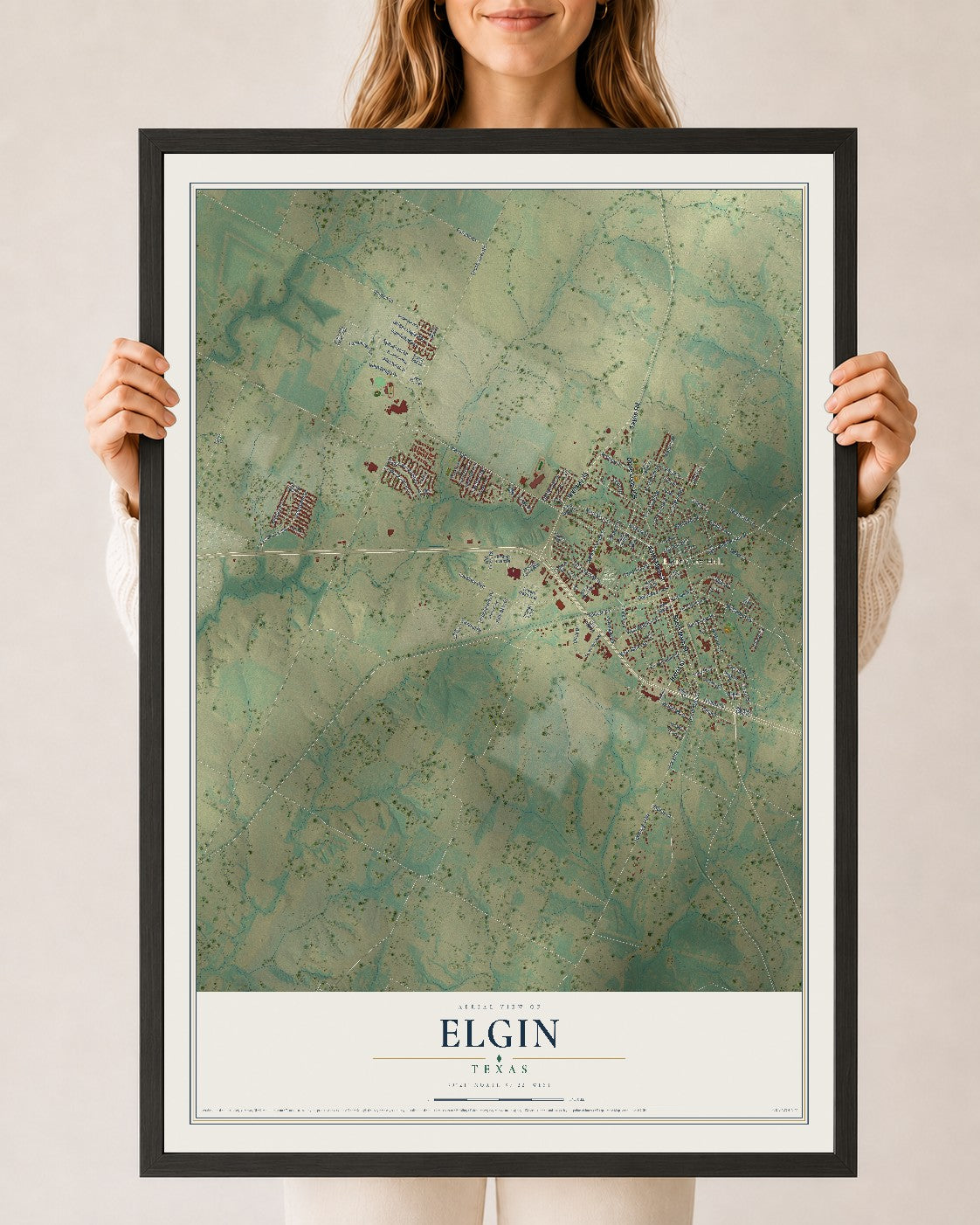 Map of Elgin, Texas, 24 x 36 inch print in a black wood frame