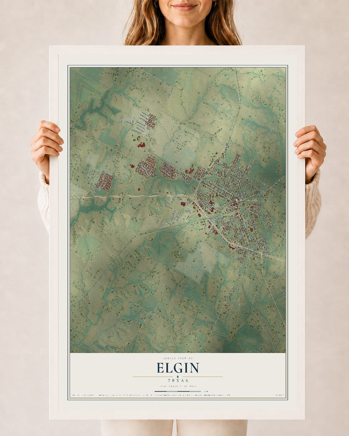 Map of Elgin, Texas, 24 x 36 inch print in a white wood frame