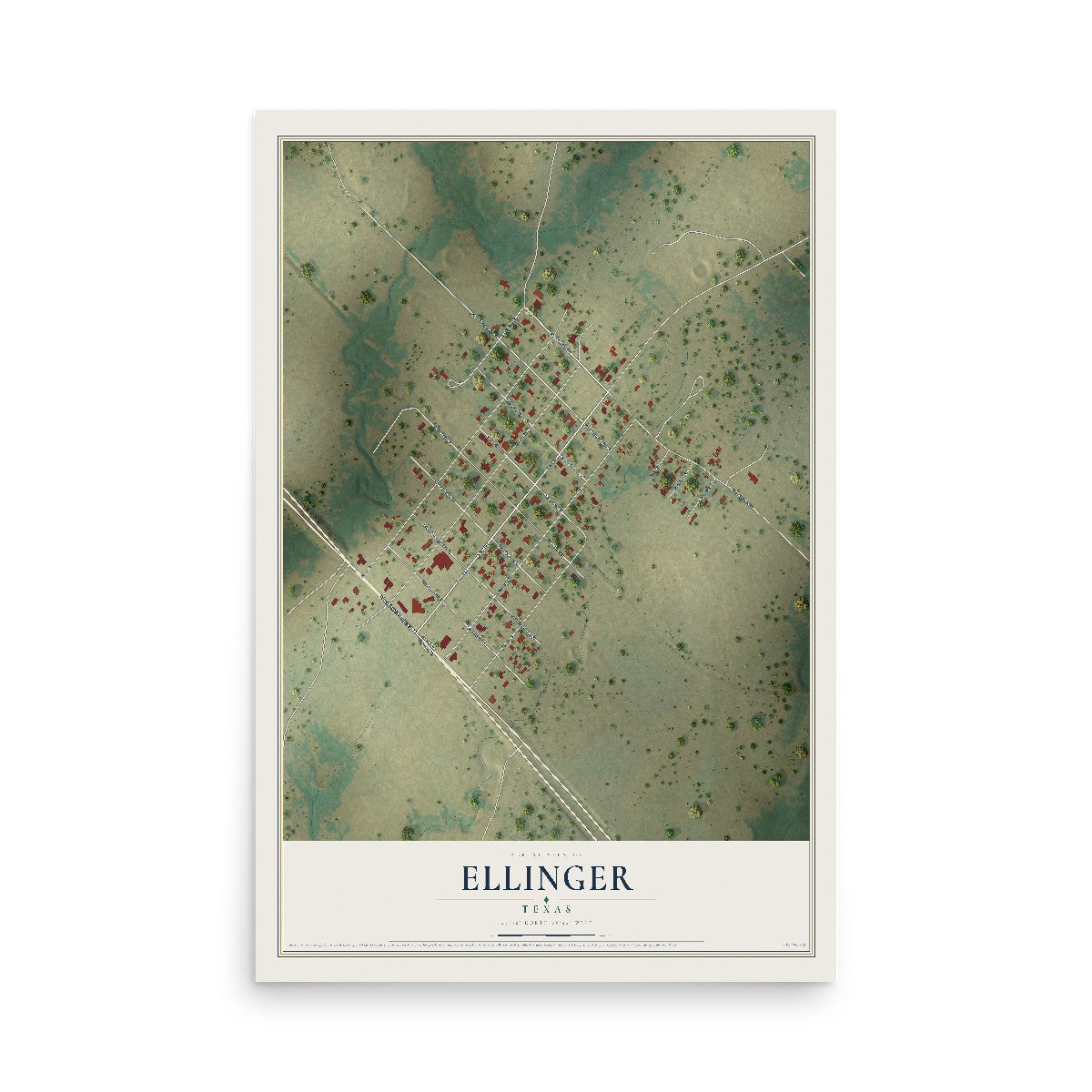 Map of Ellinger, Texas, 12 x 18 inch unframed archival matte print