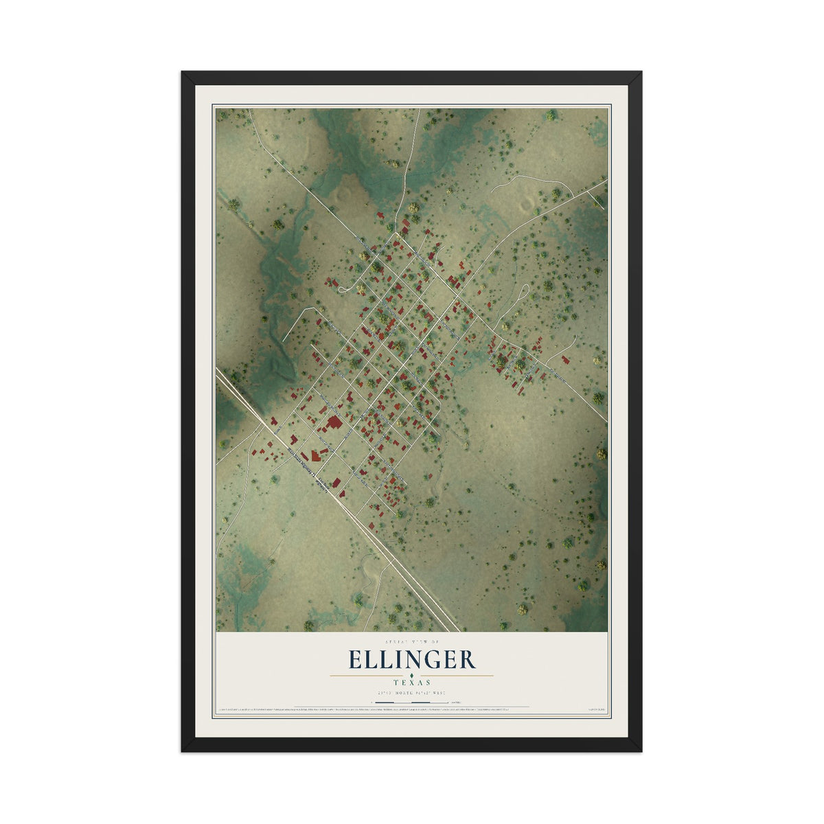 Map of Ellinger, Texas, 12 x 18 inch print in a black wood frame
