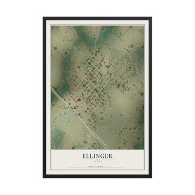Map of Ellinger, Texas, 12 x 18 inch print in a black wood frame