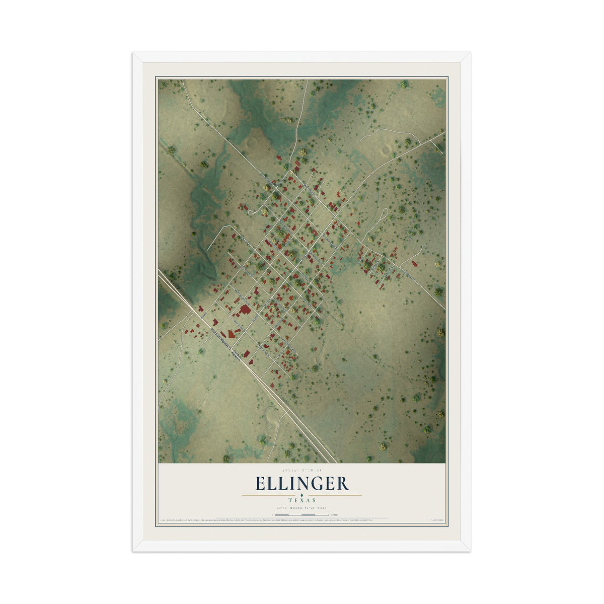Map of Ellinger, Texas, 12 x 18 inch print in a white wood frame