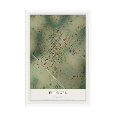 Map of Ellinger, Texas, 12 x 18 inch print in a white wood frame