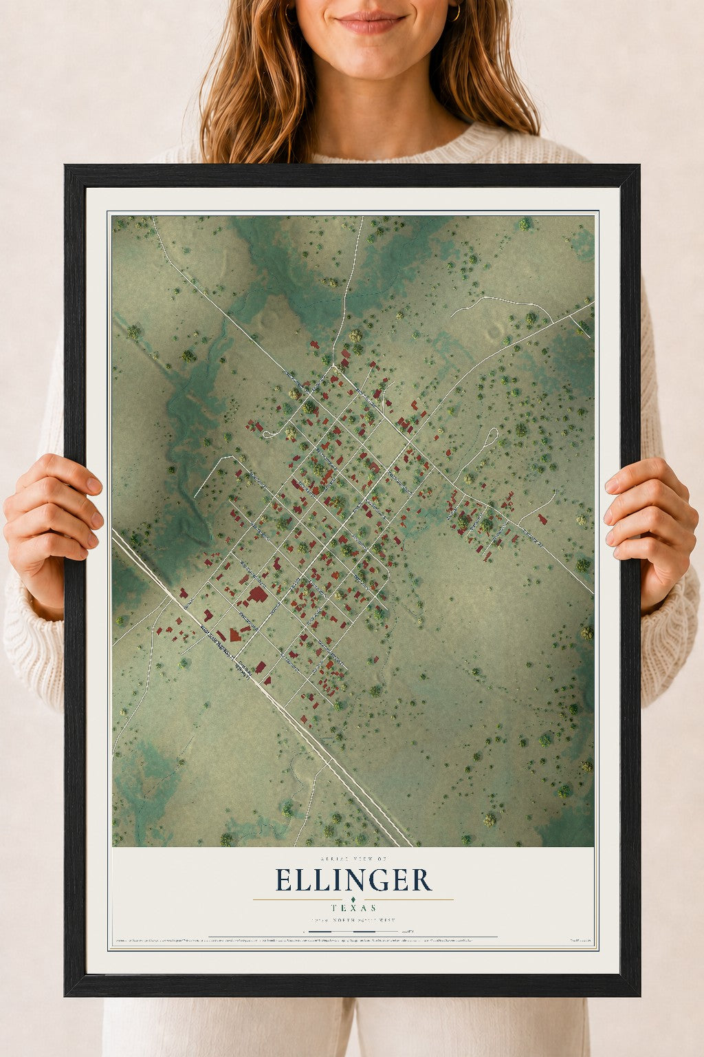Map of Ellinger, Texas, 18 x 24 inch print in a black wood frame
