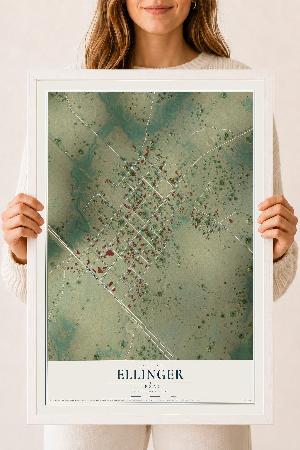 Map of Ellinger, Texas, 18 x 24 inch print in a white wood frame