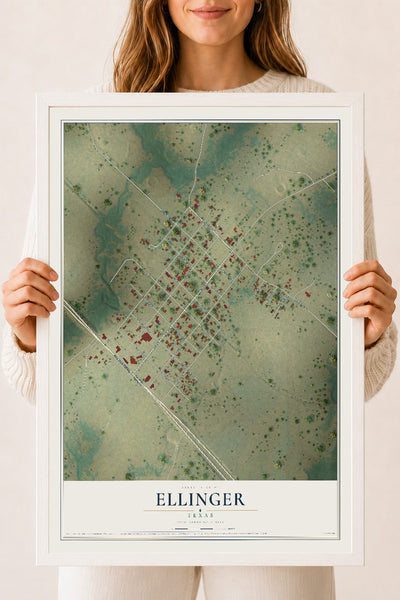 Map of Ellinger, Texas, 18 x 24 inch print in a white wood frame