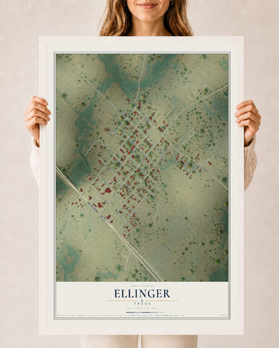 Map of Ellinger, Texas, 24 x 36 inch print in a white wood frame