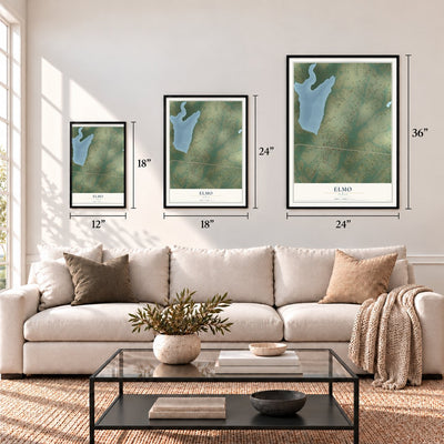 Elmo, Texas map in 12 x 18, 18 x 24 and 24 x 36 inch sizes above a sofa