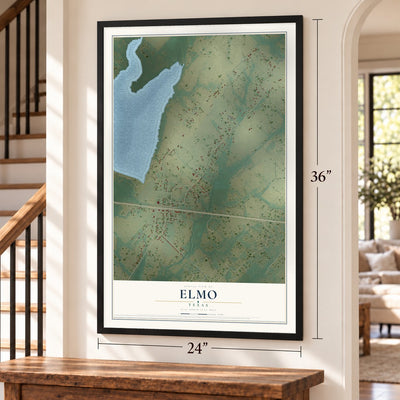 Elmo, Texas map, 24 x 36 inch print in a black frame by a staircase