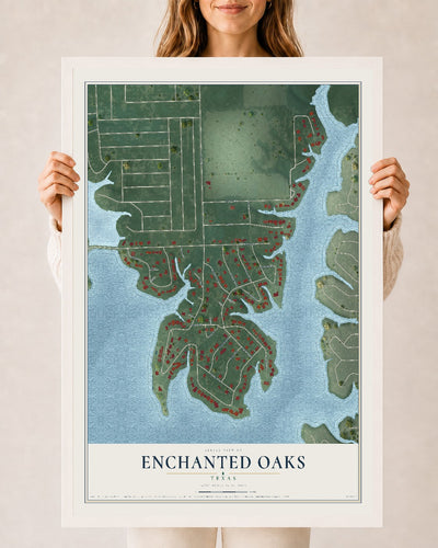 Map of Enchanted Oaks, Texas, 24 x 36 inch print in a white wood frame