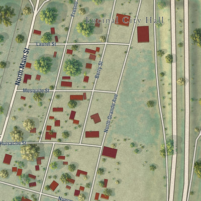 Second close-up of the map of Encinal, Texas print showing more streets and buildings
