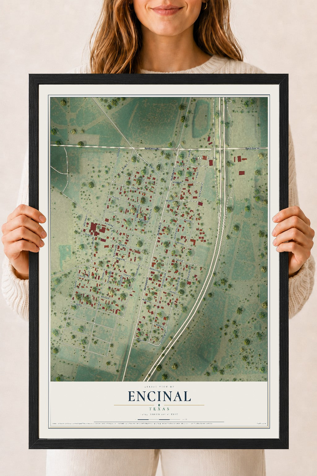 Map of Encinal, Texas, 18 x 24 inch print in a black wood frame