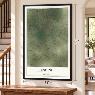 Encino, Texas map, 24 x 36 inch print in a black frame by a staircase
