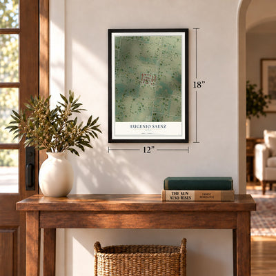 Eugenio Saenz, Texas map, 12 x 18 inch print in a black frame in an entryway