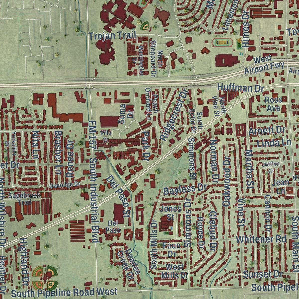 Close-up of the map of Euless, Texas print showing street and building detail