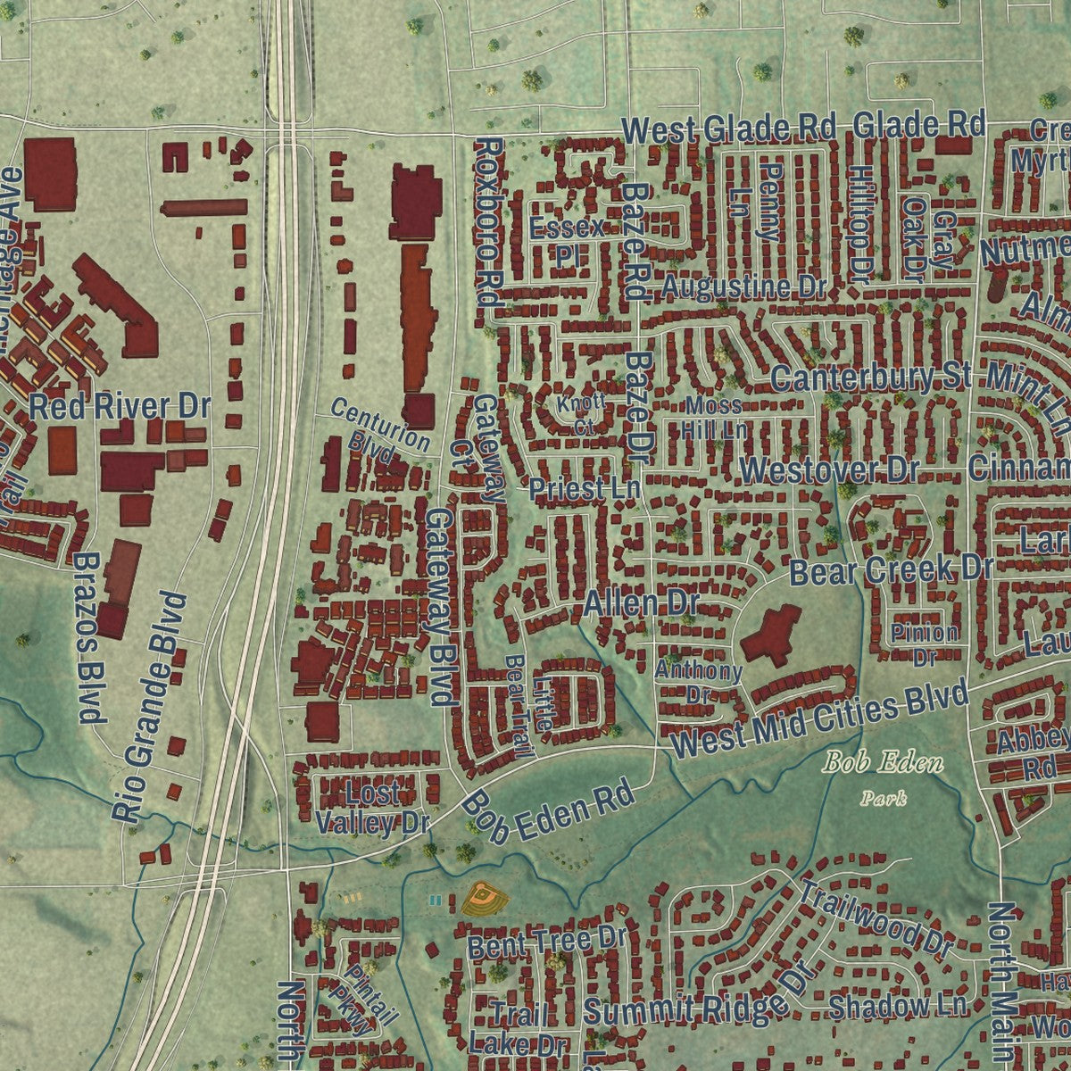 Second close-up of the map of Euless, Texas print showing more streets and buildings