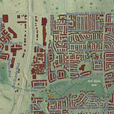 Second close-up of the map of Euless, Texas print showing more streets and buildings