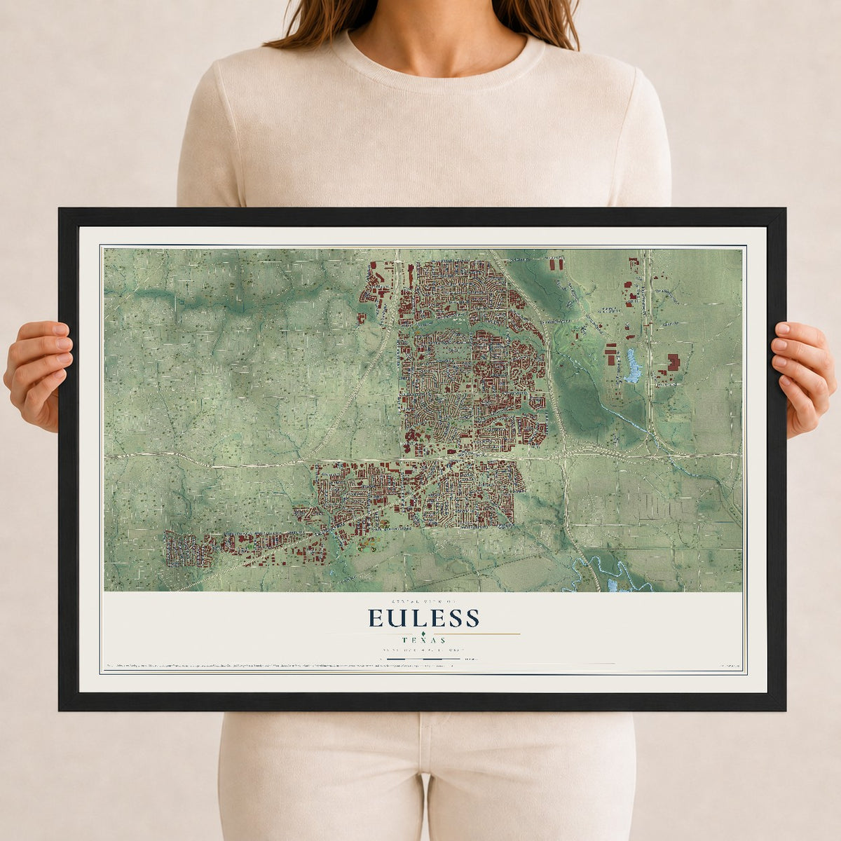 Map of Euless, Texas, 12 x 18 inch print in a black wood frame