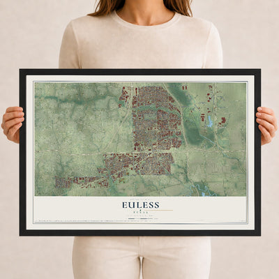 Map of Euless, Texas, 12 x 18 inch print in a black wood frame