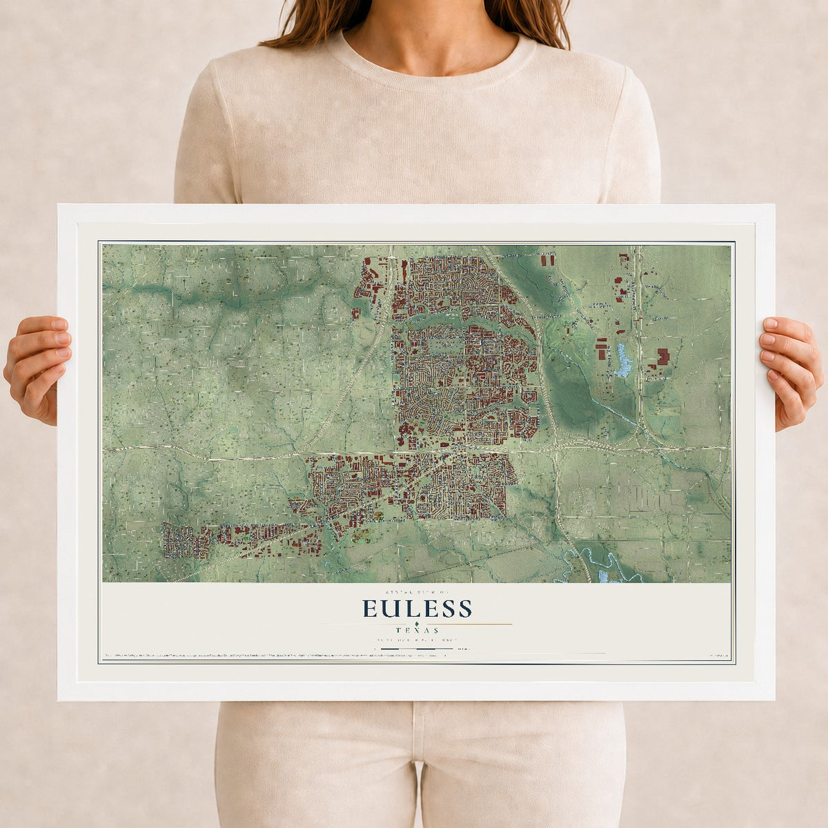 Map of Euless, Texas, 12 x 18 inch print in a white wood frame