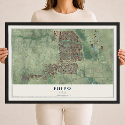 Map of Euless, Texas, 18 x 24 inch print in a black wood frame