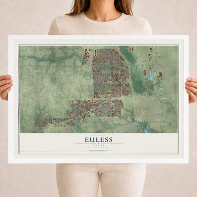 Map of Euless, Texas, 18 x 24 inch print in a white wood frame