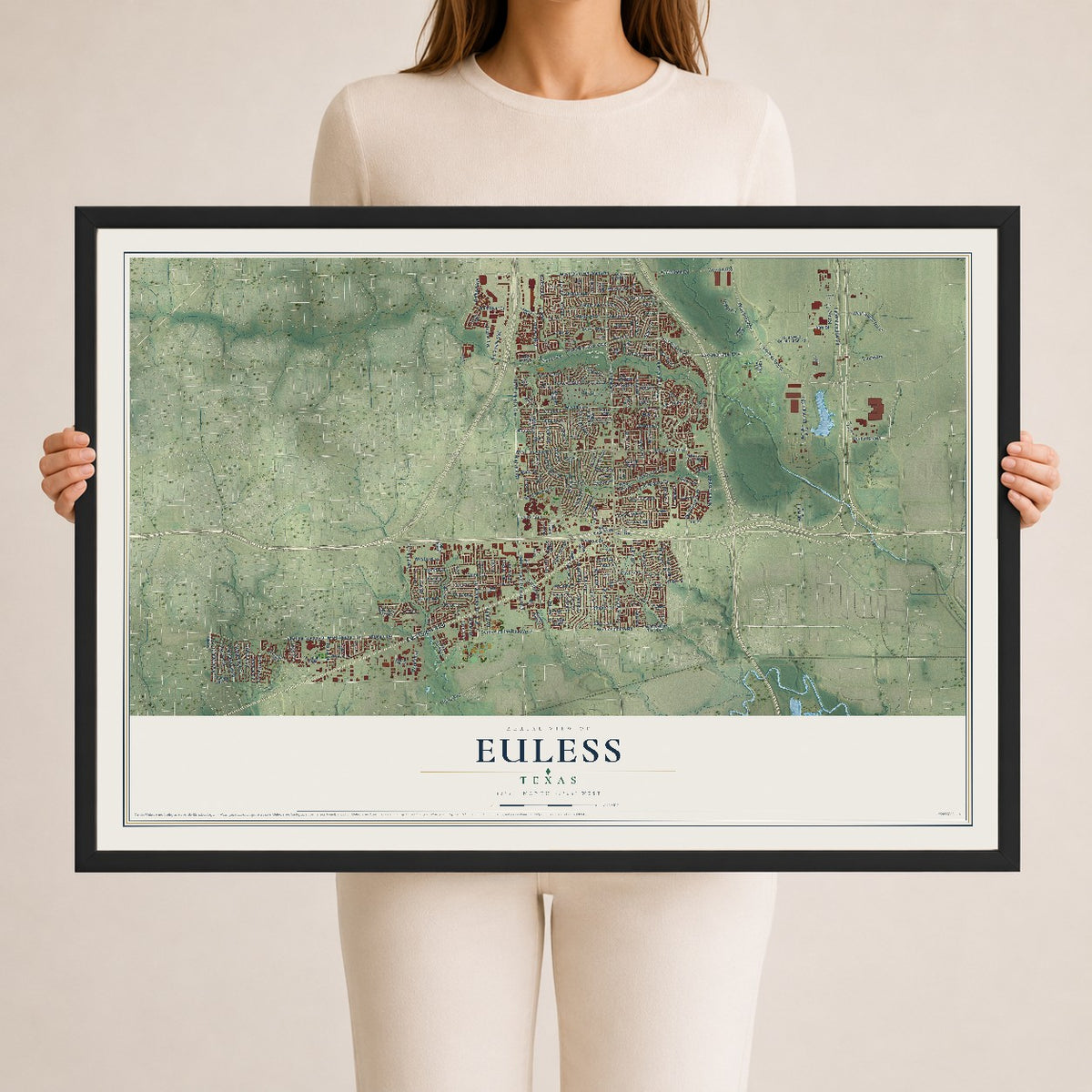 Map of Euless, Texas, 24 x 36 inch print in a black wood frame