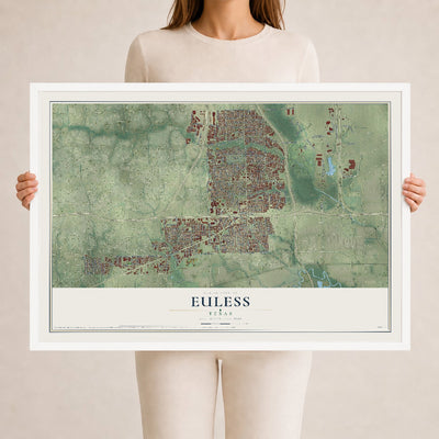 Map of Euless, Texas, 24 x 36 inch print in a white wood frame