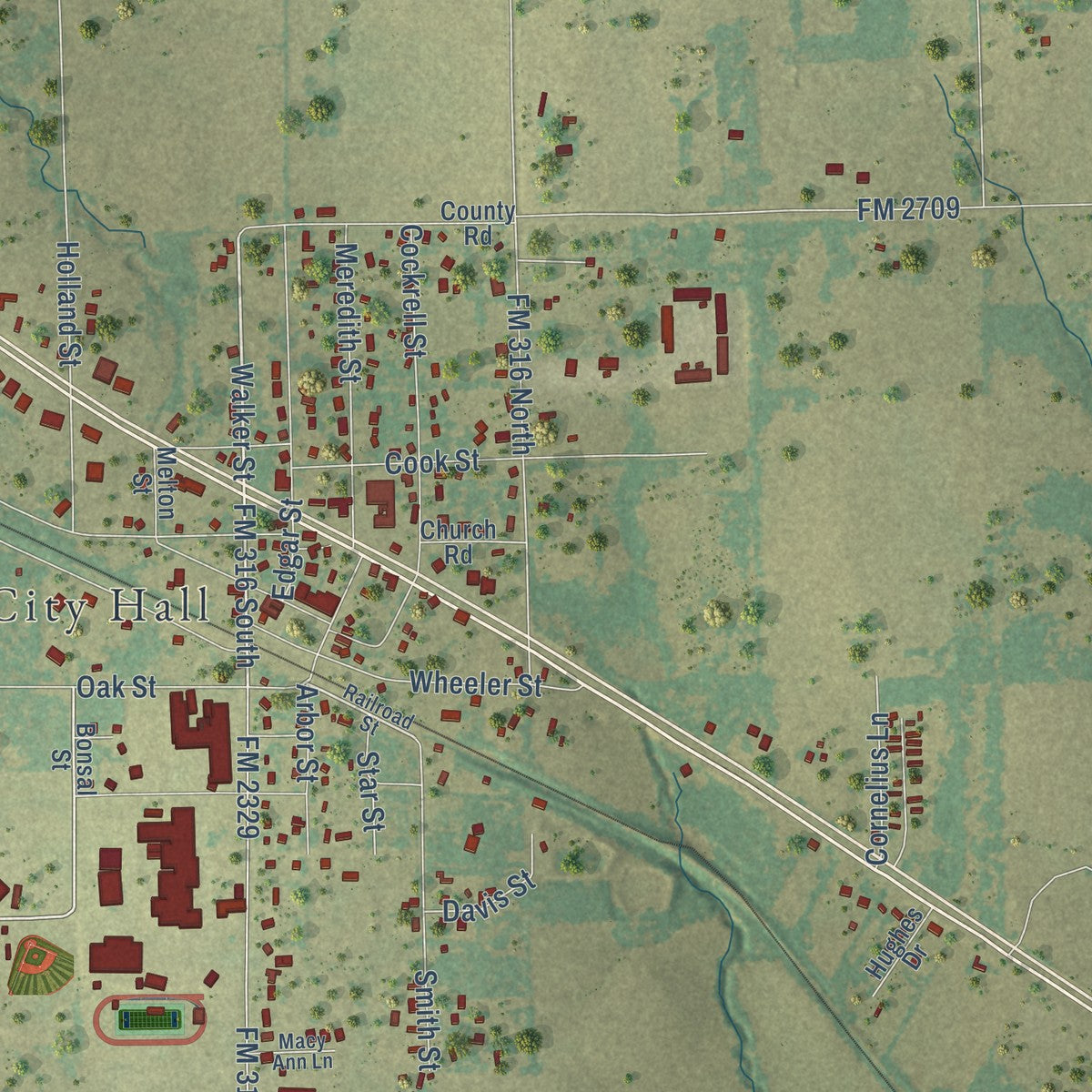 Close-up of the map of Eustace, Texas print showing street and building detail