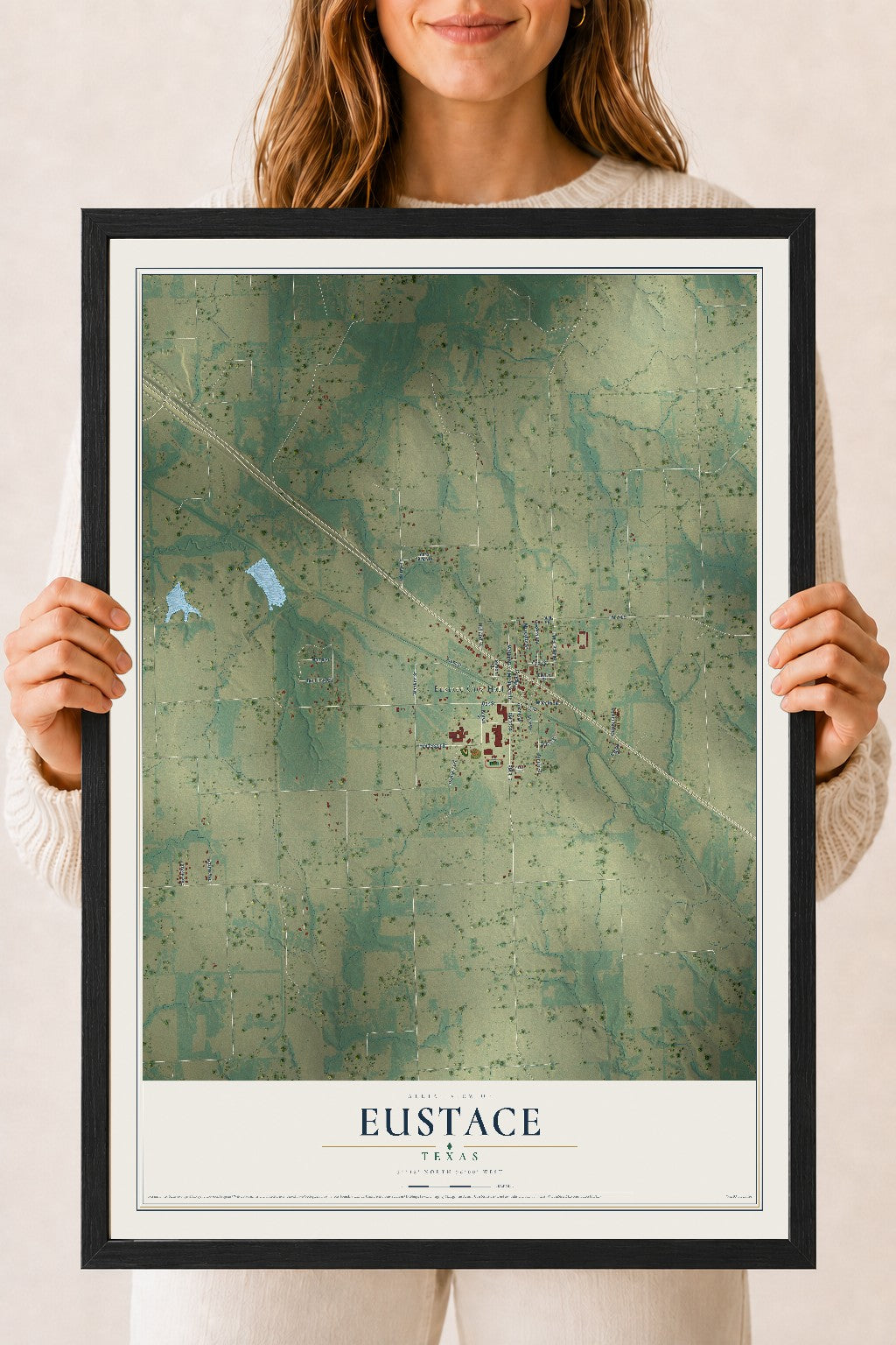 Map of Eustace, Texas, 18 x 24 inch print in a black wood frame