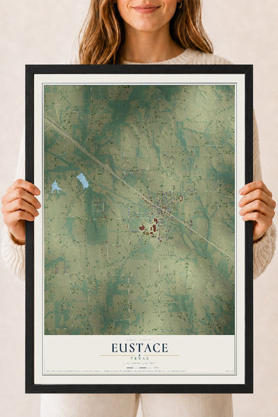 Map of Eustace, Texas, 18 x 24 inch print in a black wood frame