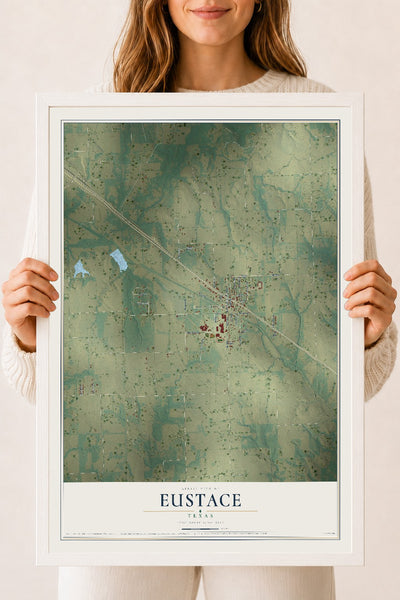 Map of Eustace, Texas, 18 x 24 inch print in a white wood frame