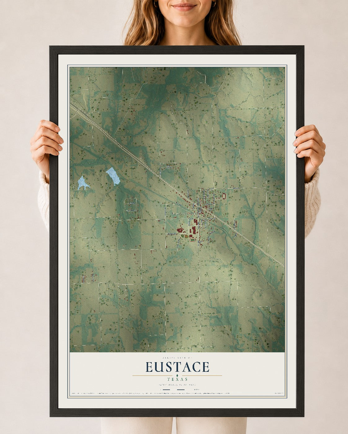 Map of Eustace, Texas, 24 x 36 inch print in a black wood frame