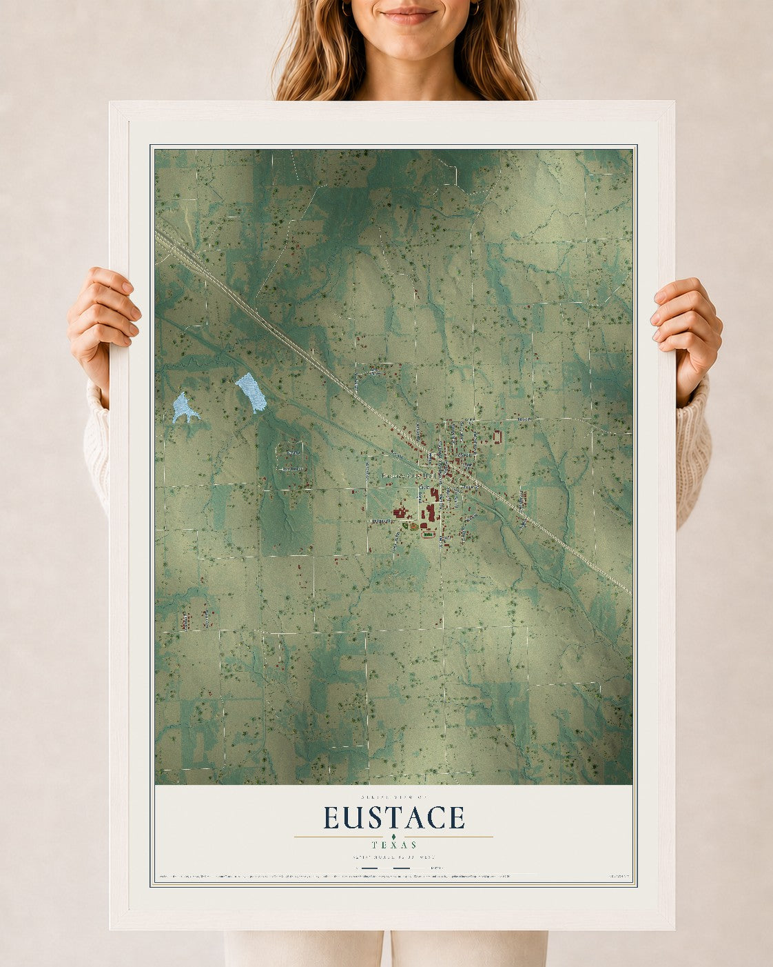 Map of Eustace, Texas, 24 x 36 inch print in a white wood frame