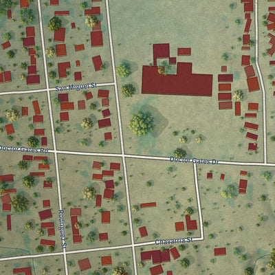 Close-up of the map of Fabrica, Texas print showing street and building detail